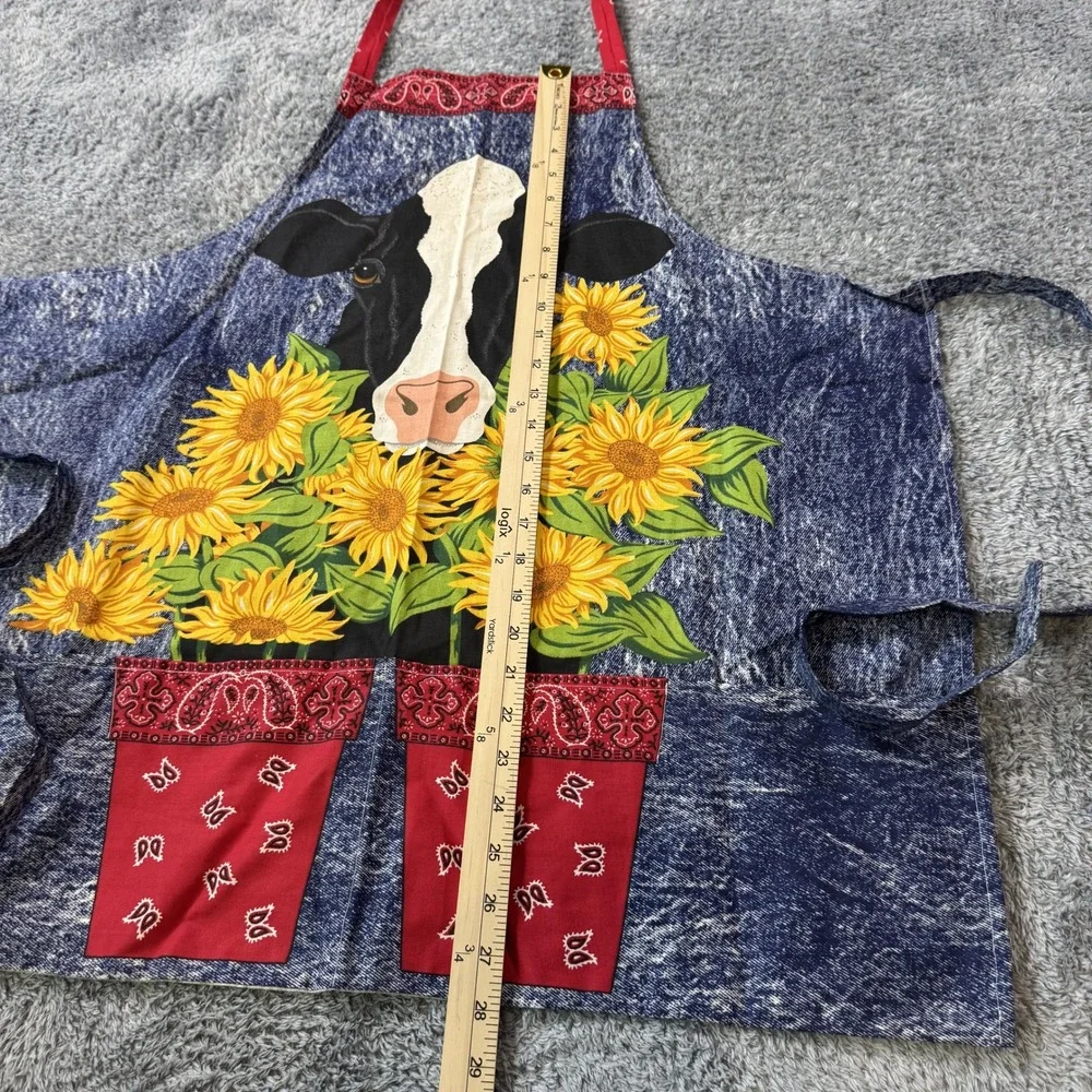 Unbranded Unisex Cow Sunflower Apron OS Blue Red Bandana Print Farmhouse Style